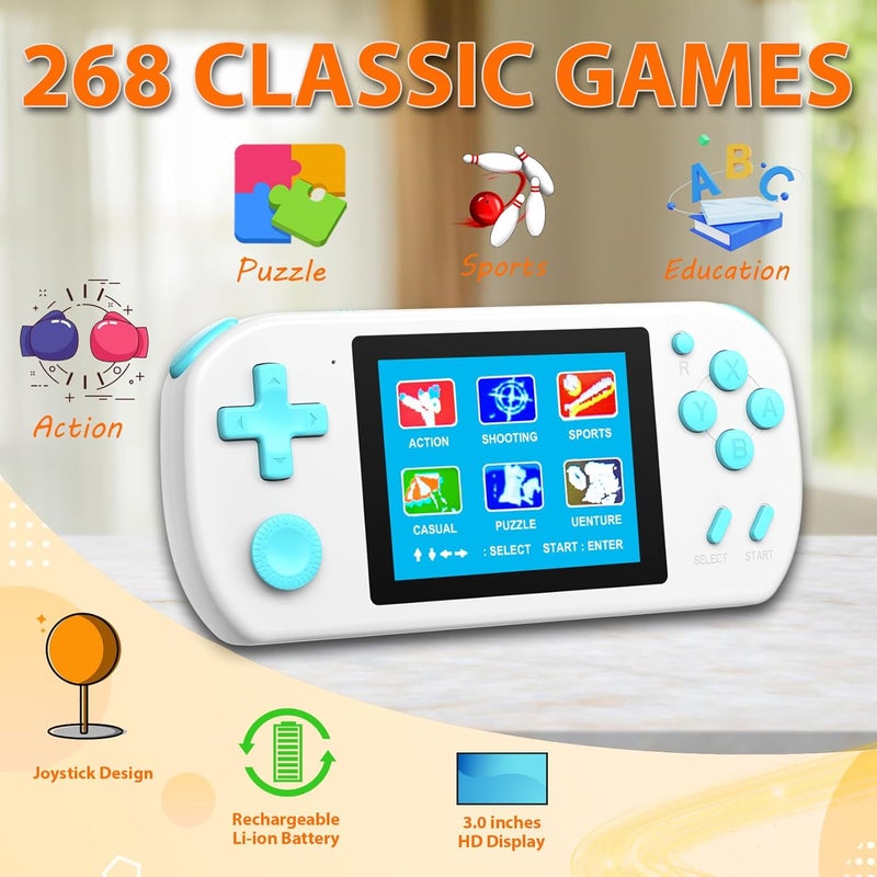 BEICO Handheld Games for Kids Adults with Built in 268 Classic Retro Video Games,3.0'' Color Screen Rechargeable Portable Arcade Gaming Player,Boys Girls Travel Electronics Toys Birthday Gift (C-White) - Image 3